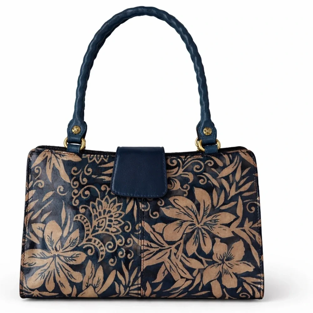 Patricia Nash Rienzo Greek Floral Leather Blue Shoulder Handbag